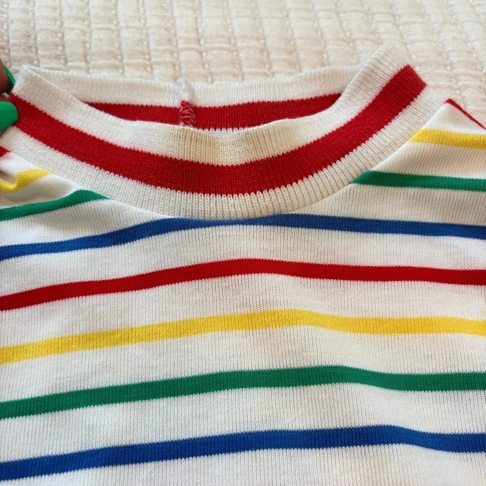 OshKosh B'Gosh Vintage 80's Rainbow Striped Mock Neck 18 mos Shirt Red Overalls